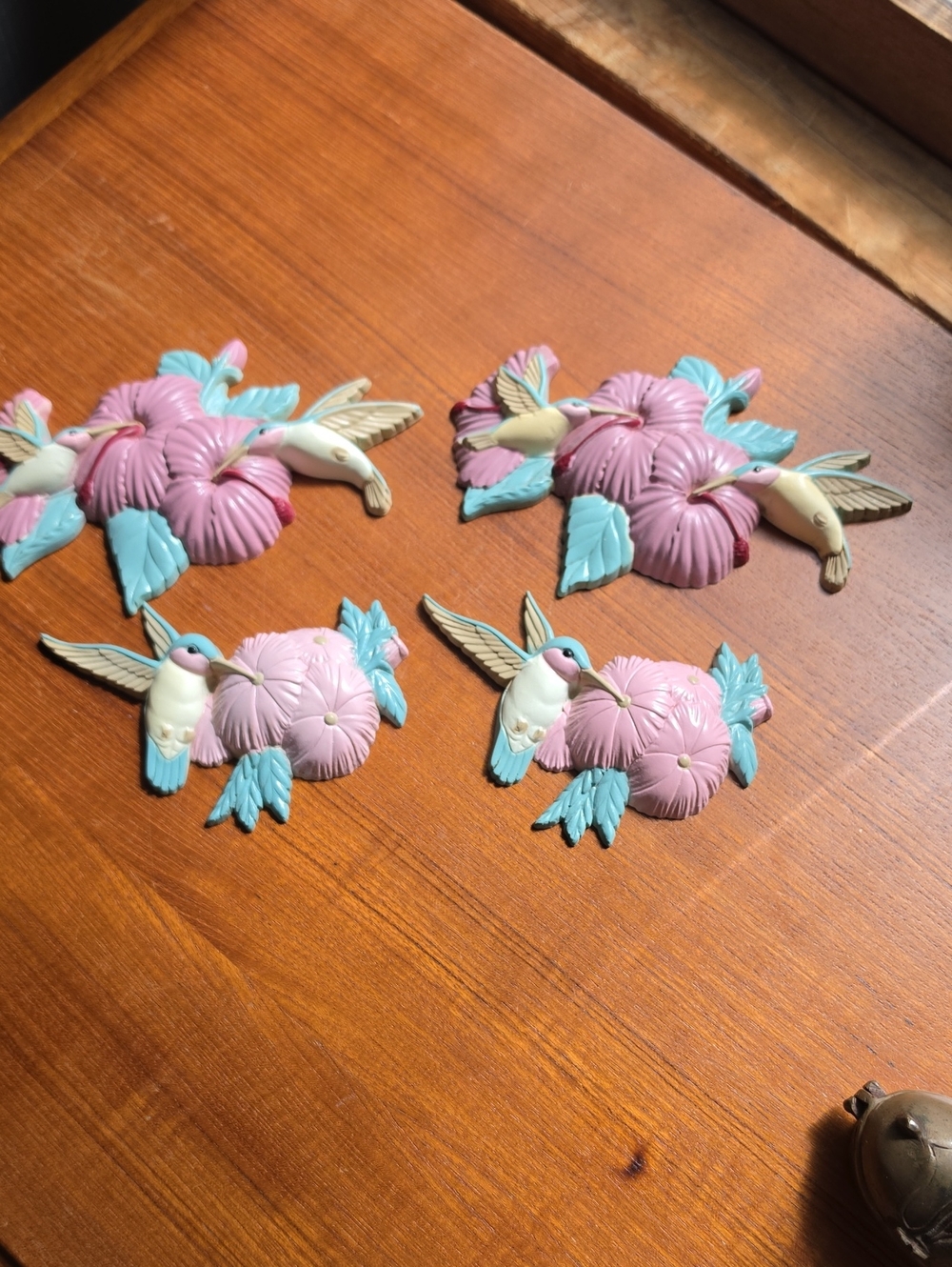 Home Interiors Burwood Plastic Hummingbird Flowers Wall Plaque Set 4 USA Vtg